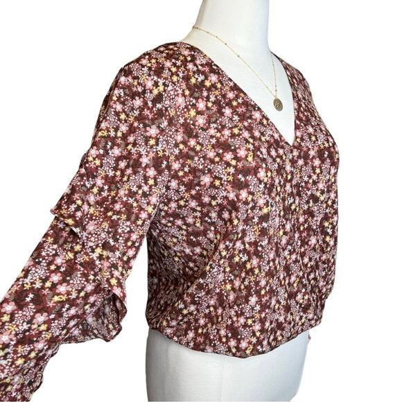 NWT Max Studio Brick Red Faux-Wrap Ditsy Floral Ruffle Long Sleeve Blouse Top M - Picture 3 of 12